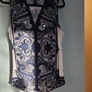 INC International Concepts Navy and Cream Paisley Blouse